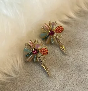 Flower Earrings Anthropologie Crystal Stud 18k Colorful Gold Multicolor Chain - Picture 1 of 11