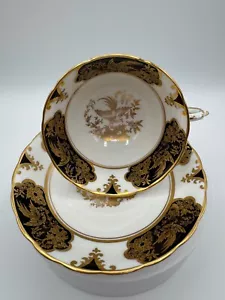 Vintage Tuscan Bone China Cup&Saucer Gold&Black Asian Style Gold Birds & Floral - Picture 1 of 10