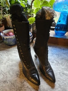 Antique Victorian/Edwardian Boots Womens Leather High Lace Up - Black - Picture 1 of 10