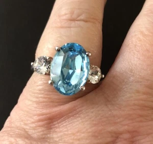 (D&L) Fine Sterling Silver Light Blue and White Paste Three-Stone Ring, 925, 3.6 - Picture 1 of 6