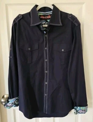 Camisa grande House of Lords para hombre azul marino flor de lis blanca costura abotonada  Foto 1 de 4