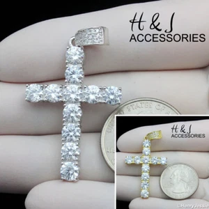 MEN WOMEN 925 STERLING SILVER ICY CZ GOLD PLATED/SILVER 3D CROSS PENDANT*P450 - Picture 1 of 8