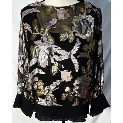 Vintage 80s Dolman Sleeve Top Medium Metallic Floral Gold Disco Retro Maximalist - Image 1 of 4