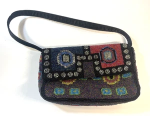 Vintage Mary Frances Hand Perlen Geometrisch Tasche Schwarz Mehrfarbig Perlenarbeiten - Bild 1 von 10