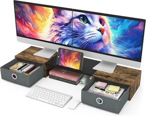 WESTREE Dual Monitor Stand Riser with Two Drawers, Extra Large Rustic Brown - Picture 1 of 6