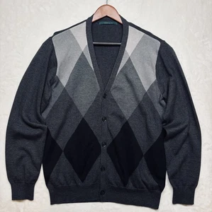Perry Ellis Mens Argyle Knit Cardigan Black M grandpacore Academia Professor - Picture 1 of 8