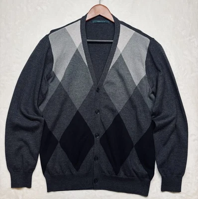 Perry Ellis Mens Argyle Knit Cardigan Black M grandpacore Academia Professor - Image 1 of 4