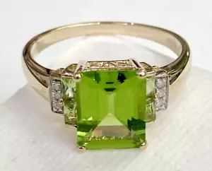 QVC Solid 14K Yellow Gold Emerald Cut Peridot and Diamond Accent Ring Size 10 - Picture 1 of 13