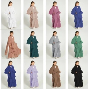 Arab Eid Ramadan Open Kaftan Muslim Kids Girls Ruffles Chiffon Kimono Robe Dress - Picture 1 of 26