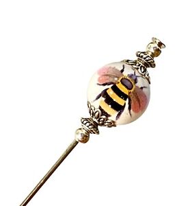 Ceramic Bumble Bee Vintage Antique Style  5” long Hat Pin, Scarf Pin, Stick Pin