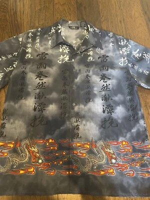 Мужская рубашка City Impact на пуговицах L синяя Y2K Dragon Camp Flames короткий рукав - Изображение 1 из 4