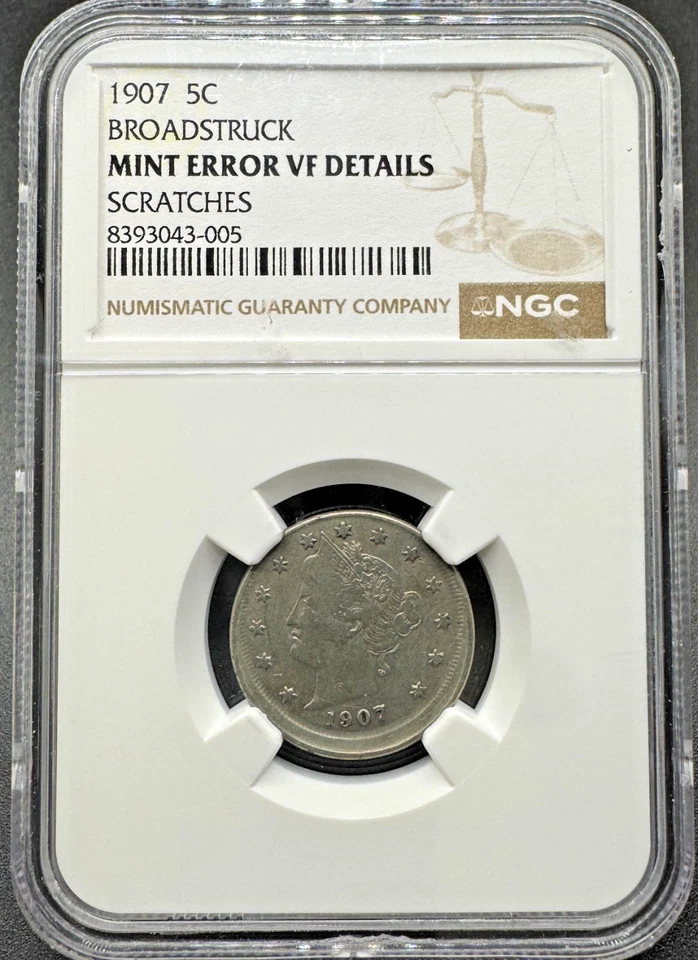 MINT ERROR 1907 LIBERTY "V" NICKEL BROADSTRUCK ERROR NGC VF DETAILS - Image 1 of 4