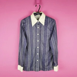 vintage navy blue white dagger 70s 80s retro womens blouse shirt top small 8 10 - Picture 1 of 11
