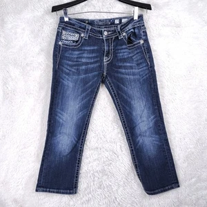 *FLAW* Miss Me Signature Cuffed Capri Embellished Pocket Dark Wash Distressed - Picture 1 of 11