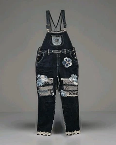 Upcycled One Of A Kind Patchwork Overalls Sz. 41/34 XL Applique Embroidery BOHO - Picture 1 of 13