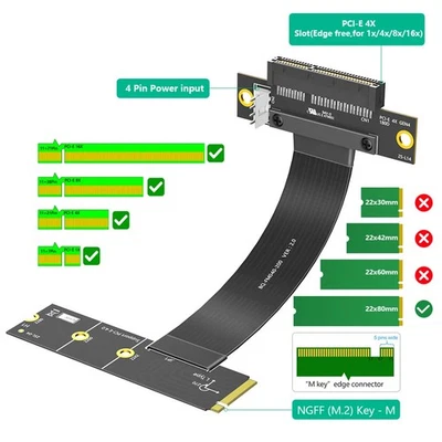 M.2 Key M 4.0 to PCI-e 4.0 4X 180° Adapter Card Riser Extension Cable For NVME - Image 1 of 4