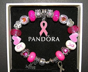AUTHENTIC Pandora Bracelet With European Charms, Breast Cancer Awareness Ribbons - Picture 1 of 5