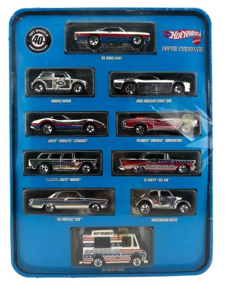 Hot Wheels Super Chromes 10 Car Set 40TH Anniversary Car Tin Brand New Sealed - Image 1 of 1