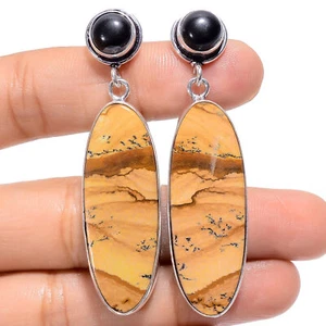 Picture Jasper Black Onyx Gemstone 925 Silver Handmade Earrings 2.3" ARE-2578 - Picture 1 of 3