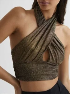 REISS ELISE Metallic Gold Halter Top Medium ORIG $110 New With Tags - Picture 1 of 9
