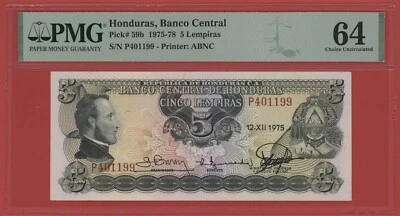 HONDURAS  5  LEMPIRAS  1975  PICK # 59b PMG 64 CHOICE UNCIRCULATED. - Image 1 of 2