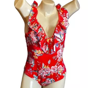 Jessica Simpson Red Floral One Piece Swimsuit w/ Ruffled Sleeves sz M - Picture 1 of 7