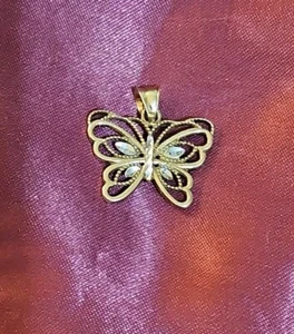 Vintage Two Tone 9k 375 Solid Yellow & White Gold Filigree Butterfly Pendant - Bild 1 von 10