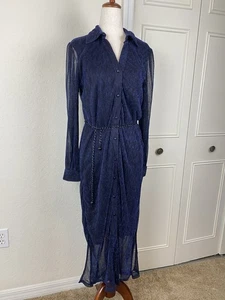 NY Collection Maxi Shirt Dress Size M Iridescent Blue Gothic Witchy Belted Vampy - Picture 1 of 7