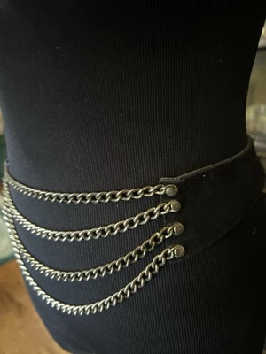 Vtg Multi Layer Metal Chain Black Suede Waist Belt 80s Glam Punk Made In USA - Image 1 of 4