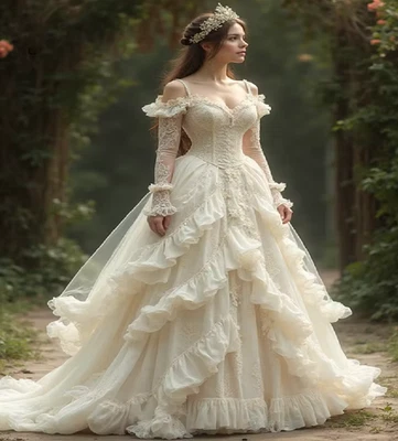 Fantasy Victorian Wedding Dresses Long Sleeve Lace Ruffles Tiered Renaissance - Image 1 of 4