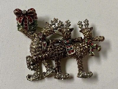 RETIRED Heidi Daus Christmas Reindeer Present Brooch Pin Crystal Rhinestones - Image 1 of 4