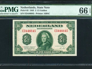 Netherlands:P-65,2½ Gulden,1943 * Queen Wilhelmina * PMG Gem UNC 66 EPQ * - Picture 1 of 2
