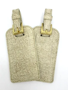 Graphic Image Luggage Tag Set of TWO Leather Buckle Closure NEW Ivory Multi - Picture 1 of 4