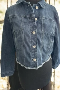NEU Chico's Jeansjacke Gr. Small 4/6 Stretch ausgefranster Saum Truckerfrei S/H Of - Bild 1 von 8