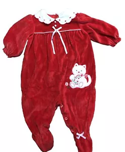 Vintage Baby Strampler Pullover Gr. 6-9 Monate rot Samt Valentinstag Herzen Kätzchen Katze - Bild 1 von 11