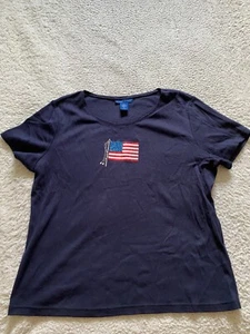 Karen Scott Women Sequin USA Flag Short Sleeve Crew Neck Blouse Navy Blue Size L - Picture 1 of 6
