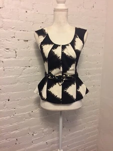 Samantha Sung Sleeveless Belted Peplum Top Black & White Size 0 - Picture 1 of 7