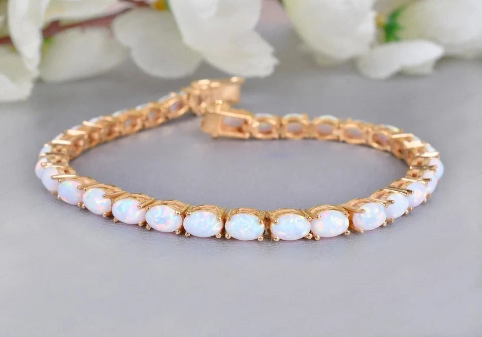 Pulseira de tênis oval 16 quilates de opala de fogo criada em laboratório em ouro amarelo 14K acima de 925-7" - Imagem 1 de 4