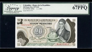 1981 20 Pesos Oro Banco de la Republica Columbia Note Legacy Superb Gem 67PPQ - Picture 1 of 2