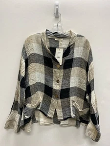 LUUKAA Size 2 Black/White Tan Linen Blend Ladies Top - Picture 1 of 4