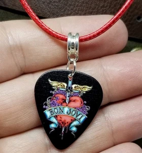 Bon Jovi Guitar Pick Necklace on Red Rolled Cord - Picture 1 of 3