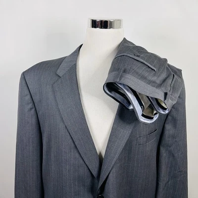 Joseph & Feiss 54R Suit 52x28 Pleated 100% Wool Gray Striped Two Button Vented - Image 1 of 4