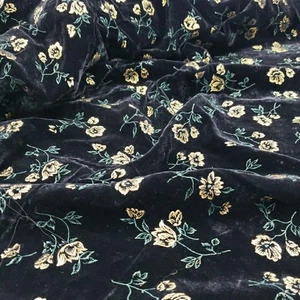Vtg Black Velvet Fabric Gold Flower Painted 90s Designer Plush Soft Luxury 3+Yds - Picture 1 of 11