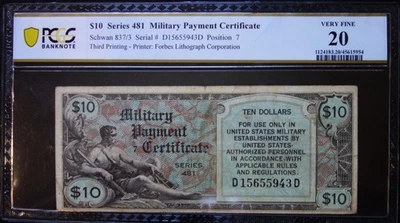US MPC $10 DOLLARS SERIES 481 MILITARY PAYMENT CERTIFICATE P-M28 PCGS 20 VF - Image 1 of 2