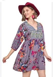 Umgee Women's Purple Floral 3/4 Slv Peasant Mini Tunic Dress or Blouse Size M - Picture 1 of 7