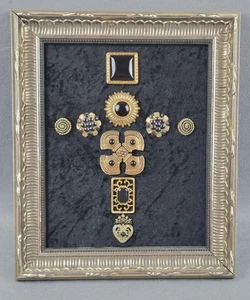 Estate Find Framed Gold & Black Onyx Costume Jewelry Handmade Cross on Velvet - Picture 1 of 22