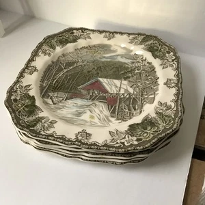 Friendly Village Covered Bridge Set of 5 Johnson Brothers Square Salad Plate - Picture 1 of 3