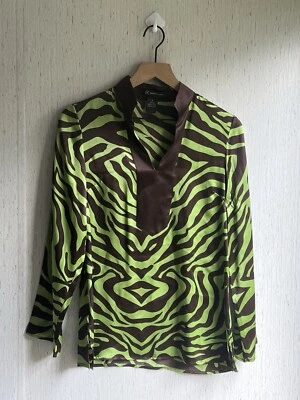 Inc International Concepts 绿色/棕色 100% 真丝 3/4 袖模拟领衬衫 2 — 第 1/4 张图片