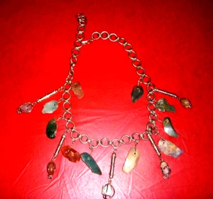 VINTAGE HANDMADE 20" STERLING SILVER NECKLACE WITH TUMBLED JADE & AGATE - Picture 1 of 2