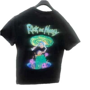 Rick and Morty Neon Black Graphic Large Glow In The Dark T-Shirt Adult Swim H&M - Picture 1 of 4